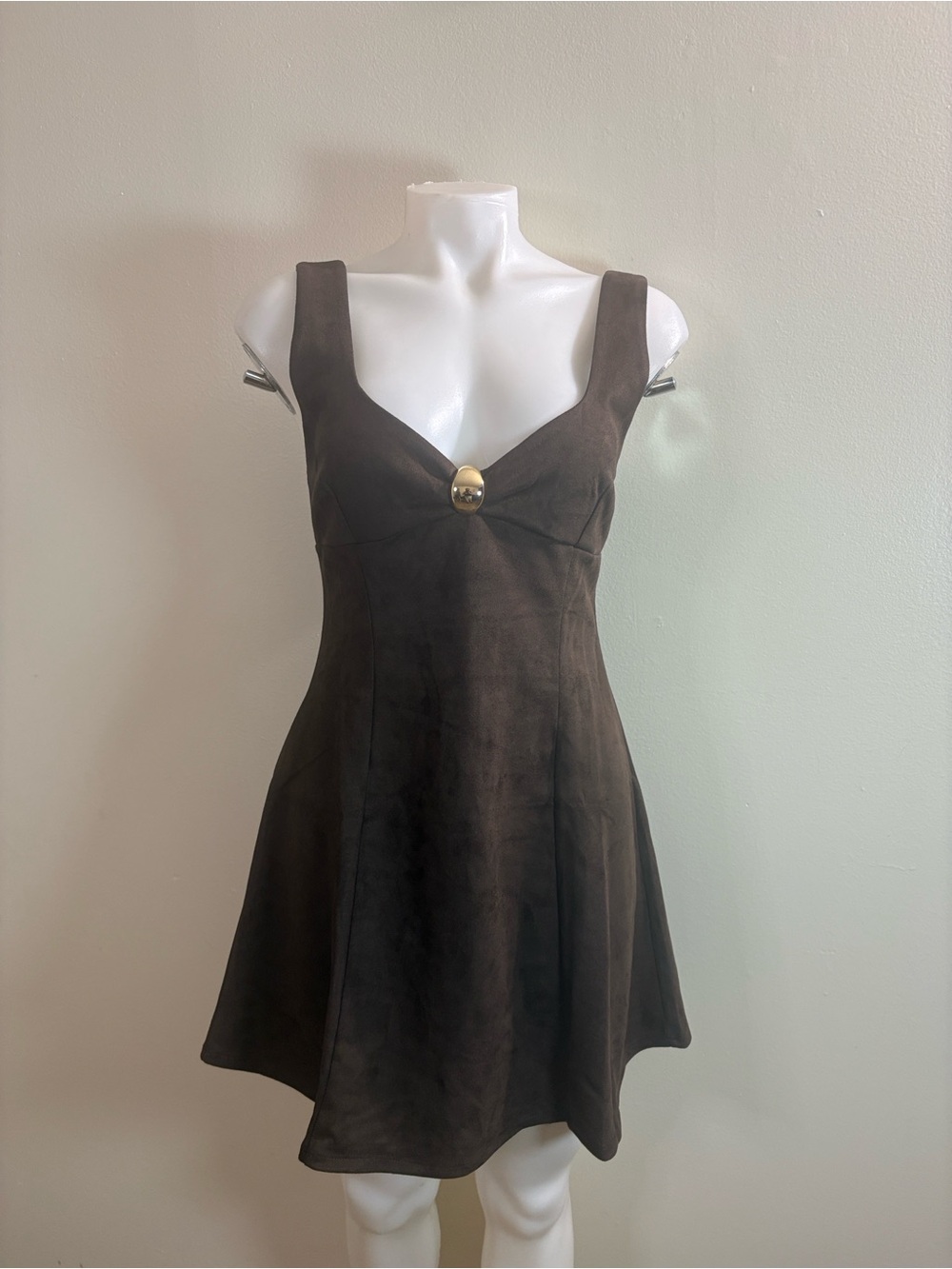 Derek Heart Brown Faux Suede Mini Dress L Sweetheart Gold Button